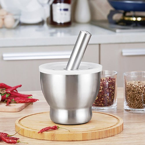 Kitchen Mortar and Pestle Grinder 304 Stainless Steel with Anti Spill Lid