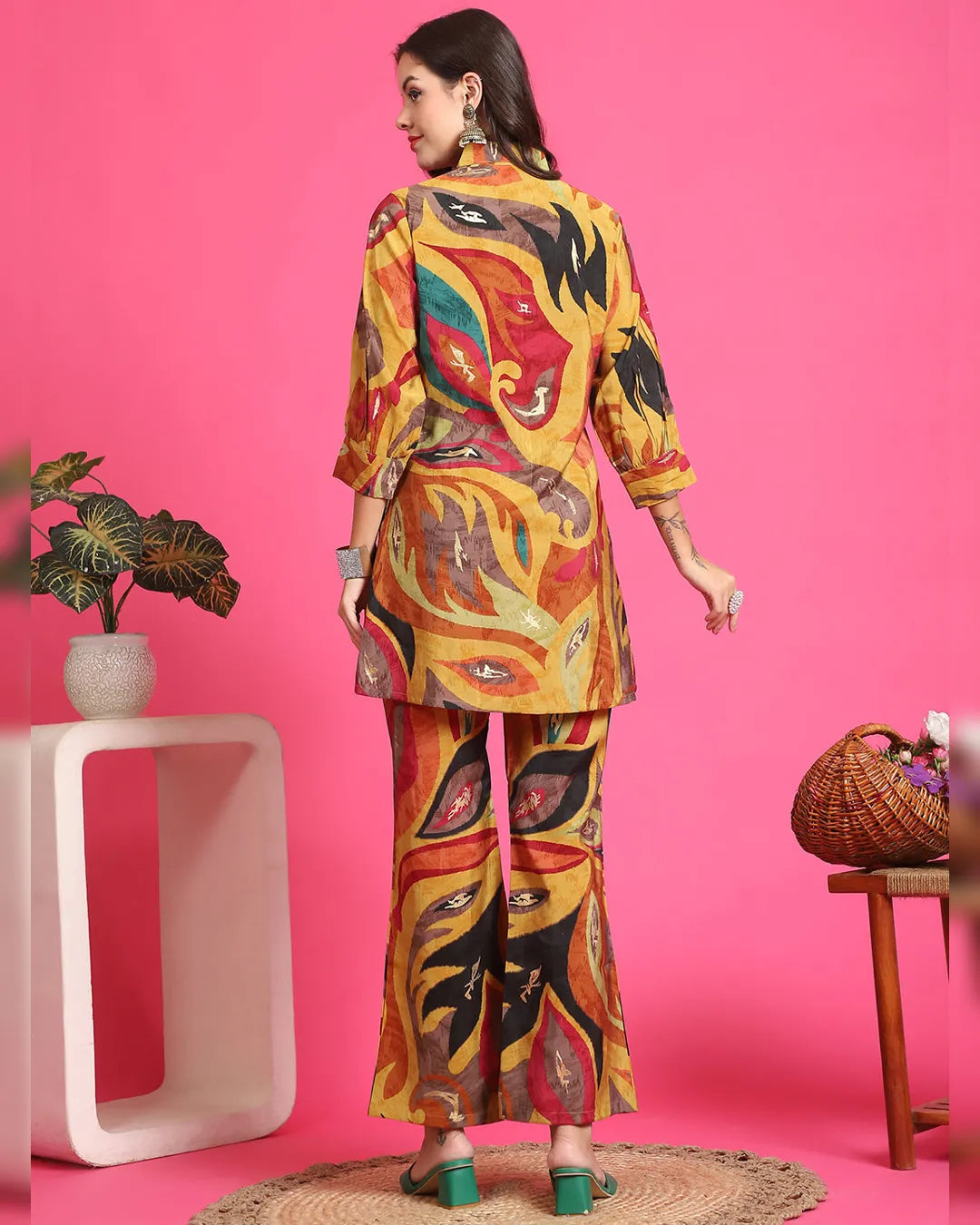 Yellow Color Abstract Printed Chanderi Premium Co-Ords Set