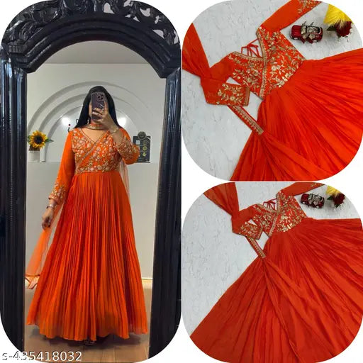 New Designer Flared Embroidered Gown With Dupatta