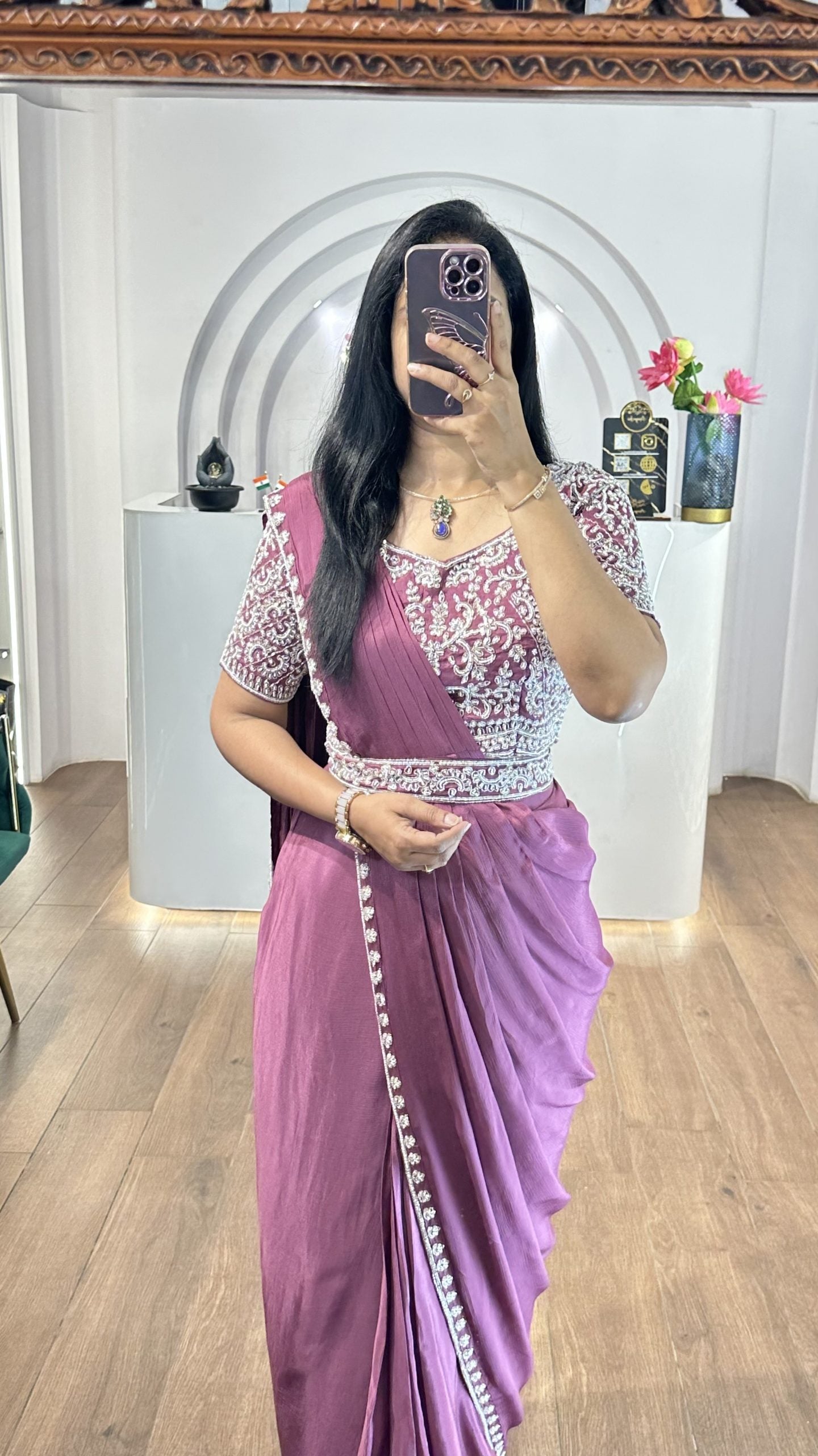 Predraped Saree With Heavy Handwork Blouse.