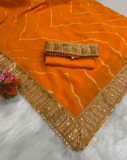 Women's Leheriya, Bandhani Printed Embroidered Green Pure Georgette Saree With Heavy Work Blouse