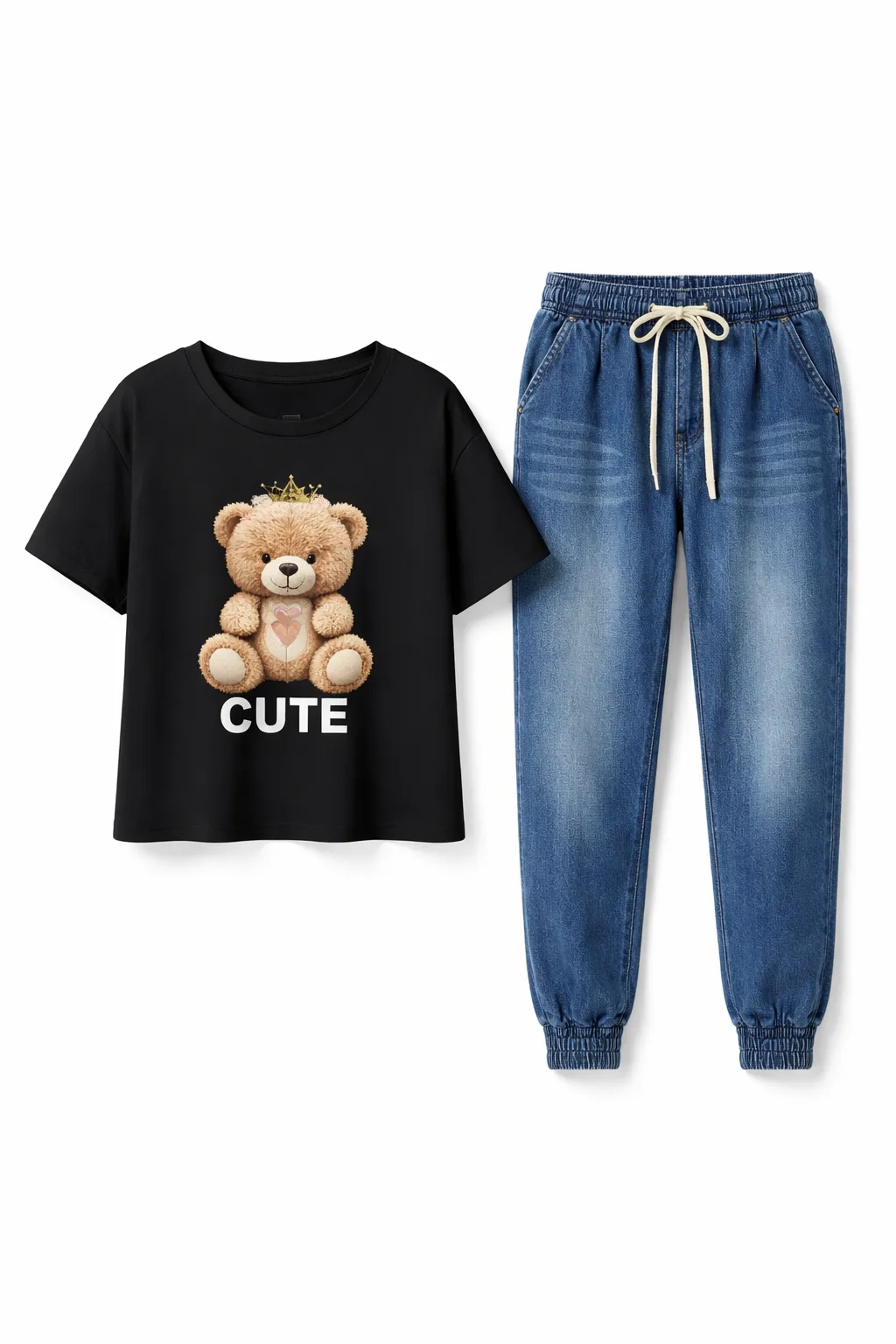 Women Teddy Print Top with Denim Jogger Combo Set