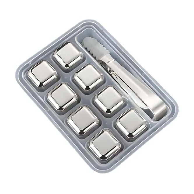 8 Metal Ice Cubes with Tongs & Storage Tray