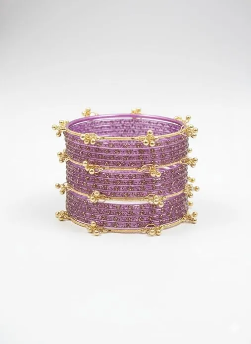 Elegant Pink Beaded Gold Charm Bangle Set
