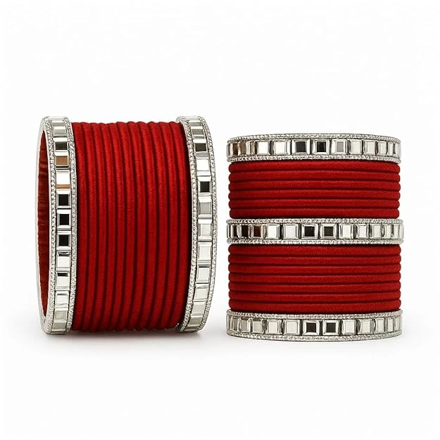 Traditional Red Velvet Bangles Set for Women & Girls with Mirror Stone Work � Indian Bridal Chura Style Kada � Ethnic Wedding Party Bangle Set