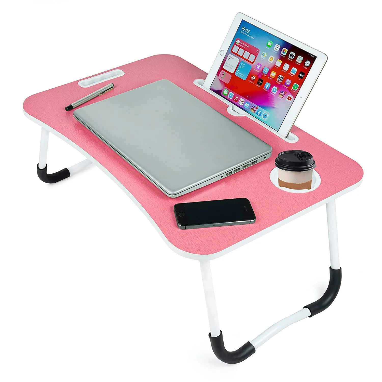 Stylish Multi-Purpose Portable Laptop Table, Foldable Wooden Desk for Bed Tray, Laptop Table, Study Table with Mug Holder, Ergonomic, Non-Slip Legs, Breakfast in Bed Table