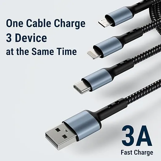 3-in-1 Multi Fast Charging Cable – 3A Nylon Braided 1.5M Cable with Type-C &amp; Micro USB for iPhone, iPad, Samsung, OnePlus, Xiaomi, Oppo, Vivo, Android &amp; Car Charging