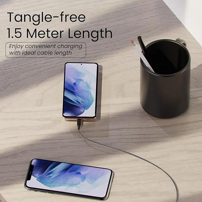 Unbreakable 3A Fast Charging 1.5m Braided Type C Cable for Smartphones, Tablets &amp; other Type C devices, 480Mbps Data Sync, Quick Charge