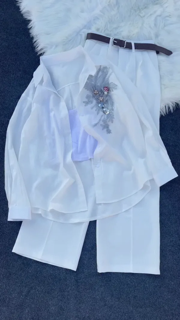 White Floral Embroidered Shirt with Tube Top & Pants