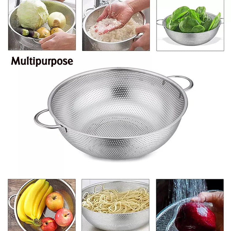 5754 Stainless Steel Colander With Handle Large Metal Mesh Basket Strainer For Pasta Spaghetti Berry Veggies Fruits  Kitchen Food Colander Dishwasher Safe (1 Pc  25.5 Cm)