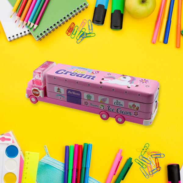 4568  Double Decker Magic Ice Cream Truck Compass Multi Level Metal Truck Compass Pencil Case With Movable Wheels  Sharpener