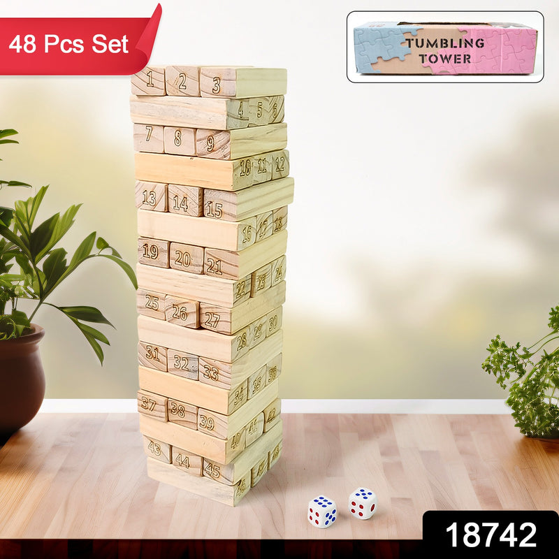 Wooden Tumbling Stacking Tower Game (48 Pcs Blocks 2 Dices)