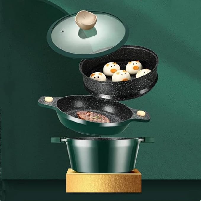 24Cm Maifan Stone Wok Set Aluminum Green Non-Stick Lid