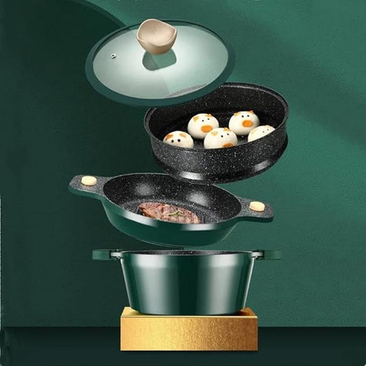 24Cm Maifan Stone Wok Set Aluminum Green Non-Stick Lid