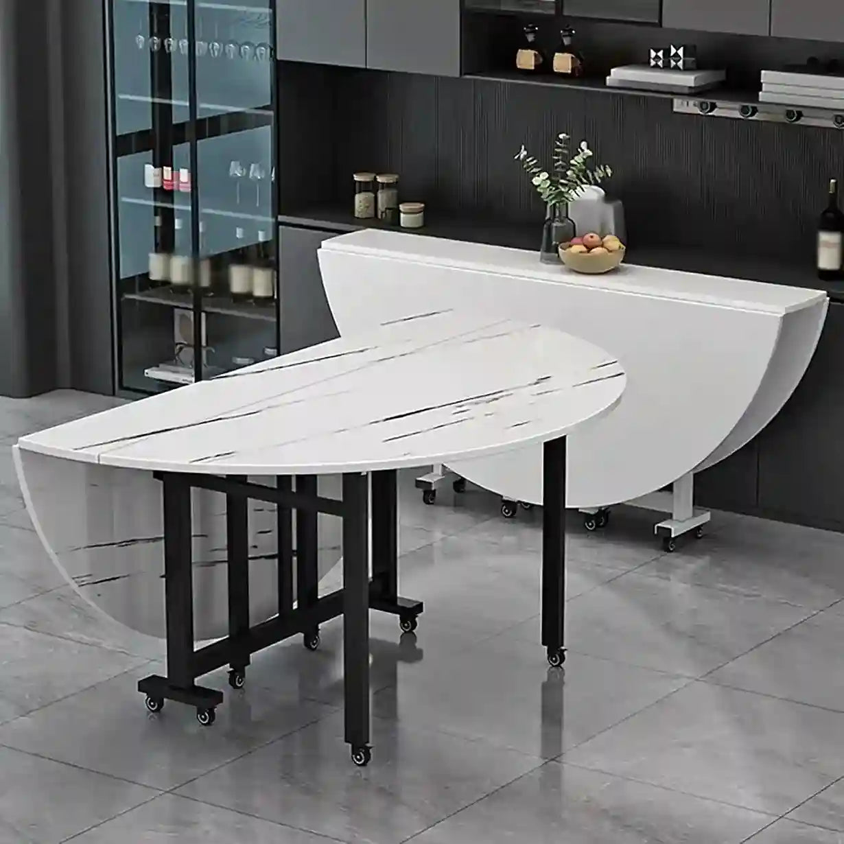 Extendable Round Drop Leaf Foldable Dining Table with 8 Wheels, Movable Modern Folding Dining Table