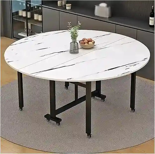 Extendable Round Drop Leaf Foldable Dining Table with 8 Wheels, Movable Modern Folding Dining Table