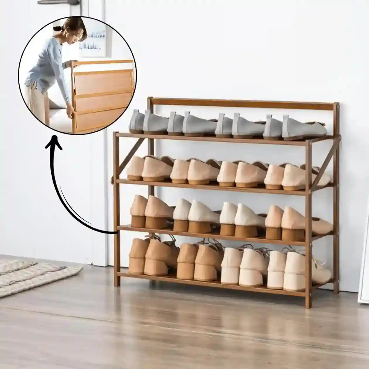 Foldable Wooden Shoe Rack – 4 Tier Bamboo Shoe Stand