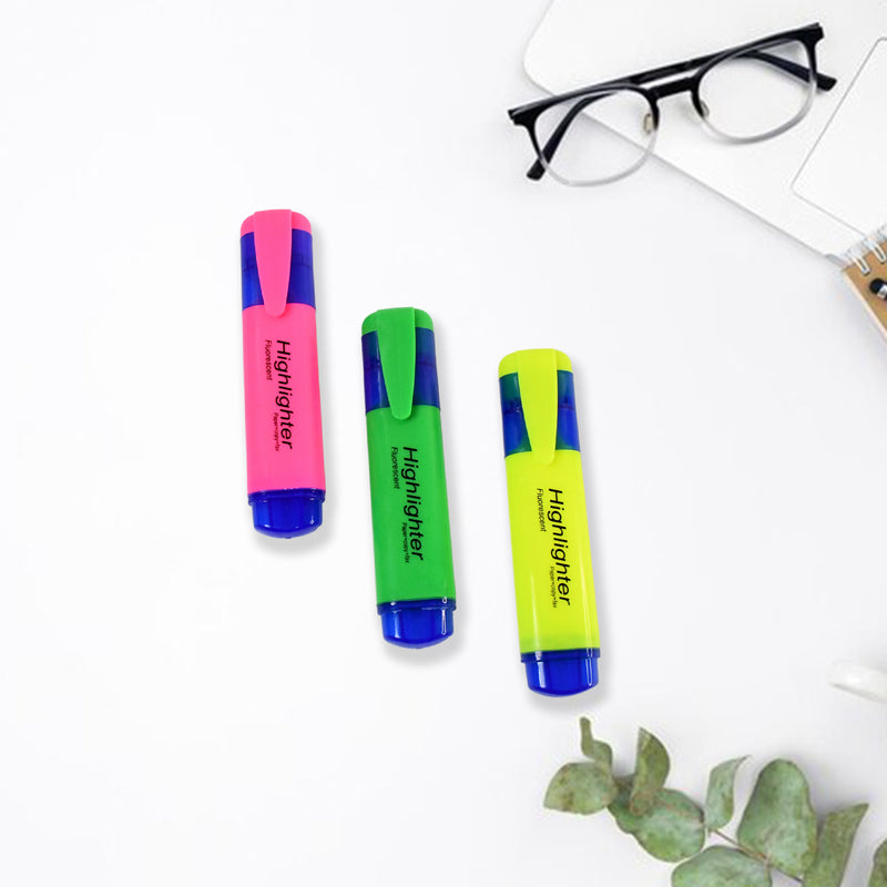 Highlighter Pen Assorted Colours Water Based Broad Tip Writing Marker (3 Pcs Set)