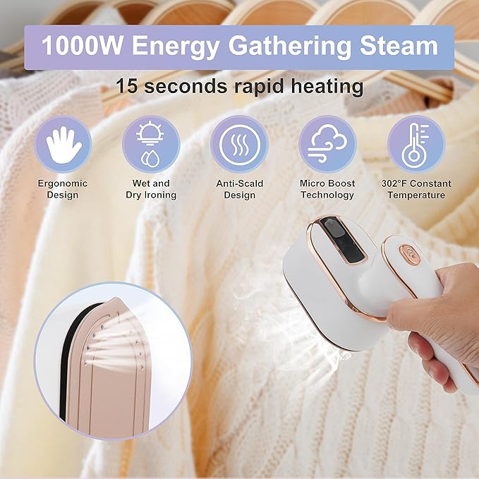 Travel Steamer Iron for Clothes, 1000W Handheld Portable Steamer, 10s Fast Heating Up 180° Rotary Small Size