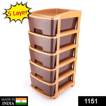 1151 5tier Plastic Modular Drawer System For Multiple Use (Brown Colour)