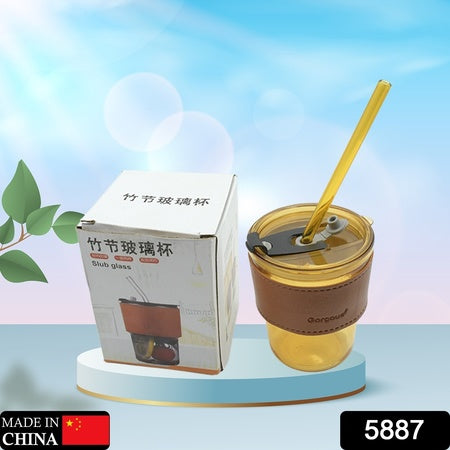 5887 Home Glass Coffee Mugtea Cup With Glass Straw And Leakproof Lid  Travel Friendly Cups With Heatproof Sleeves