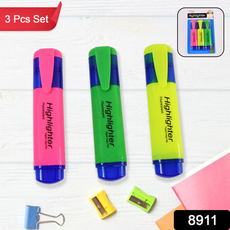 Highlighter Pen Assorted Colours Water Based Broad Tip Writing Marker (3 Pcs Set)