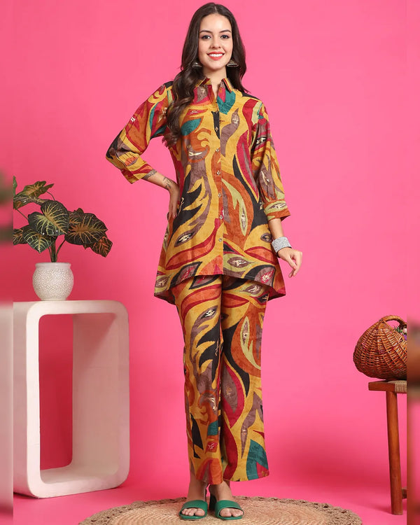 Yellow Color Abstract Printed Chanderi Premium Co-Ords Set