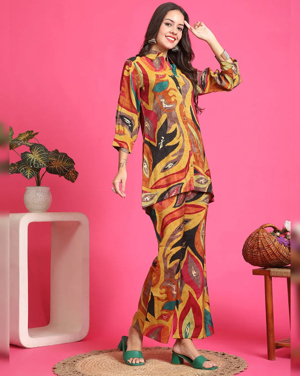 Yellow Color Abstract Printed Chanderi Premium Co-Ords Set