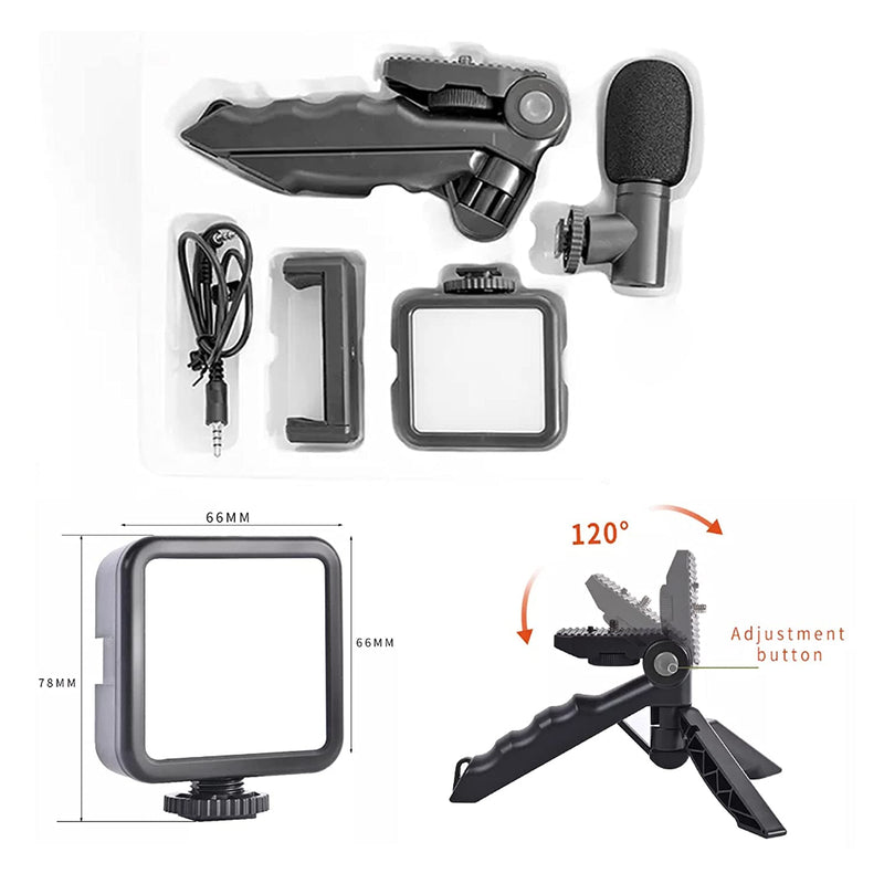 6054 Vlogging Kit For Video Making With Mic Mini Tripod Stand Led Light  Phone Holder Clip For Making Videos