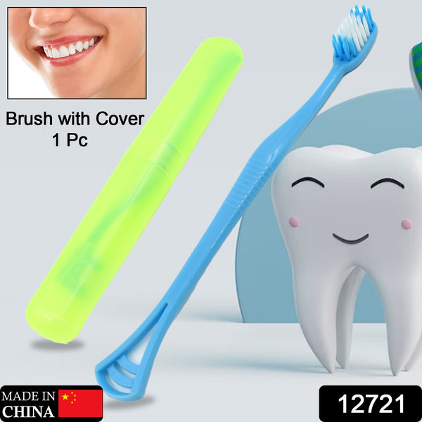 12721 2 In 1 Soft Toothbrush And Tongue With Toothbrush Cover Cleaner Scraper For Men And Women Kids Adults Plastic Toothbrush Cover  Case  Holder (1 Pc)