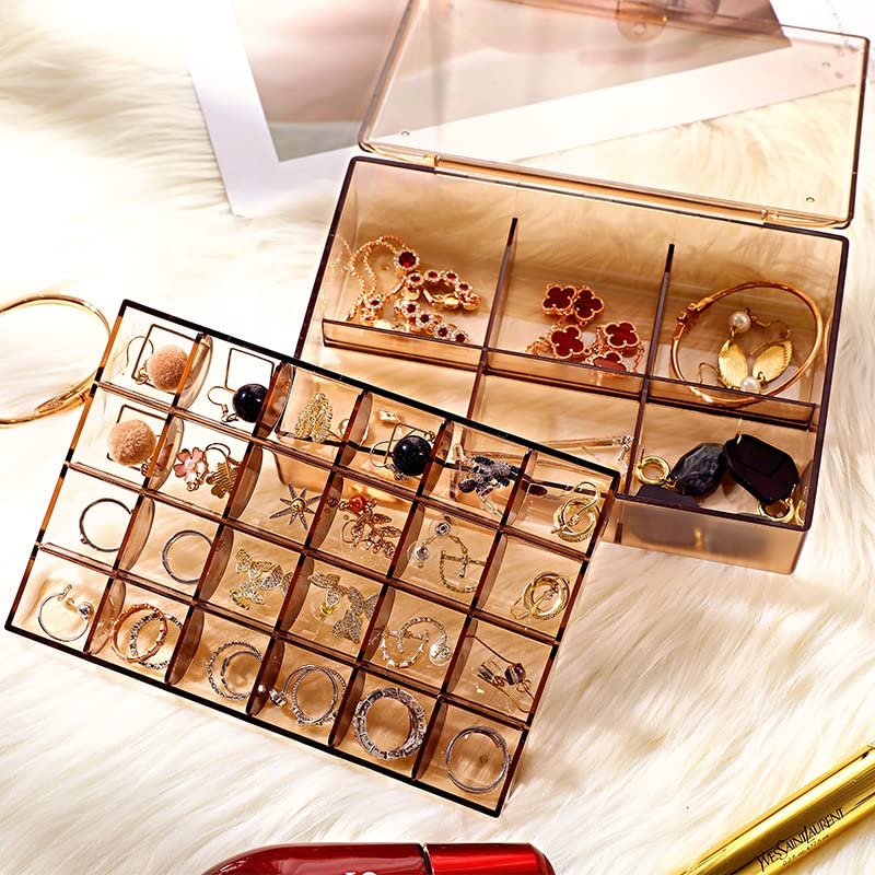 12829 2 Layer Acrylic Jewelry Storage Box Dustproof Earring Box Storage Box Portable Nail Art Storage Case 24-grid Small And 6-grid Big Case Makeup Vanity Box (1 Pc  30 Compartment)