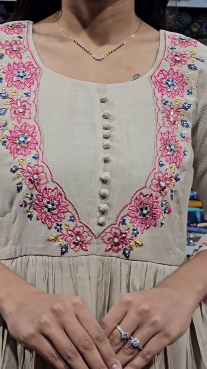 Beige Cotton Anarkali Set with Pink Floral Lace Detailing – Everyday Ethnic Wear with Matching Dupatta and Straight Pants