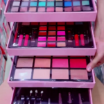 Complete Cosmetic Set with Eyeshadows, Lipsticks, Blushes, Brushes & Mirror in a Stylish Pink Travel Case