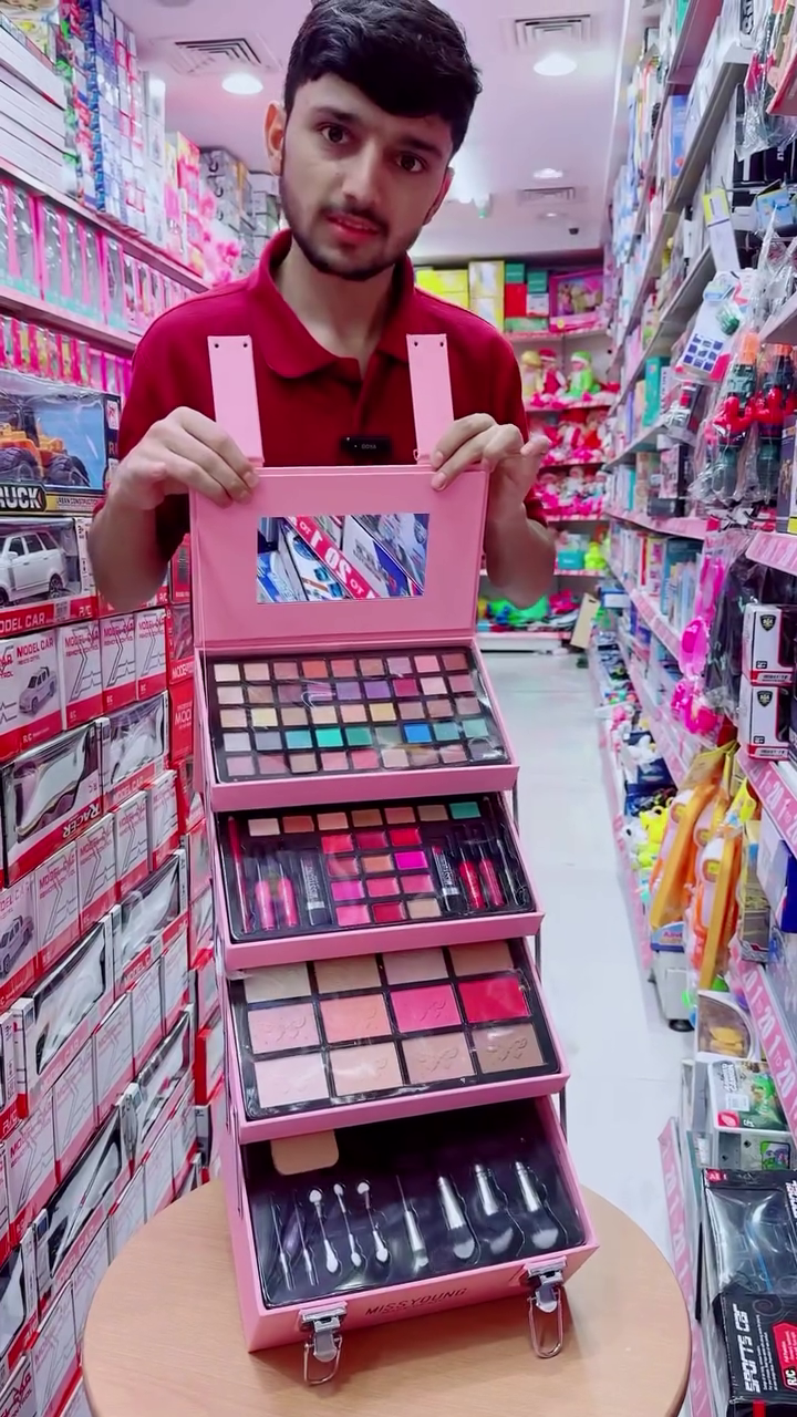 Complete Cosmetic Set with Eyeshadows, Lipsticks, Blushes, Brushes & Mirror in a Stylish Pink Travel Case