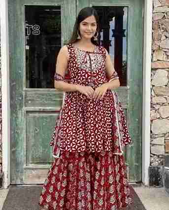 Women's Rayon Kurta With Sharara And Dupatta Set (Maroon)