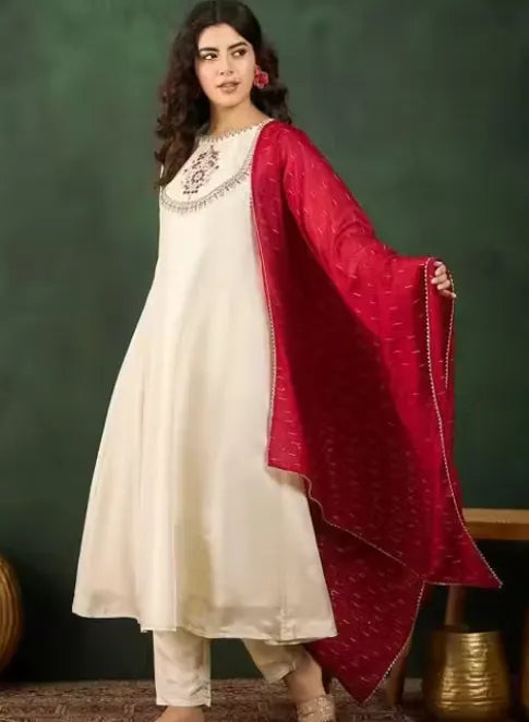 Russian silk handwork straight Kurti with pants and dupatta