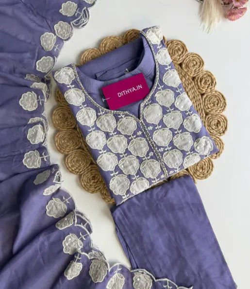 Mul chanderi embroidered straight Kurti with pants and dupatta