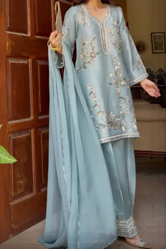 French Crape Embroidered Suit Set Organza Dupatta 3Pc Ready to Wear