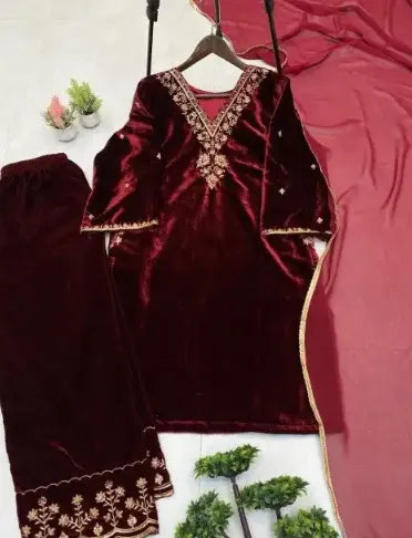 LATEST VELVET EMBROIDERY WORK SALWAR SUIT