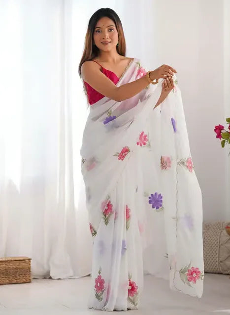 Saree Mall White Organza Embellished Saree with Blouse Piece