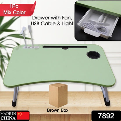 7892 Multipurpose Study Table Foldable Portable Notebook Bed Lap Desk Tray Stand Reading Holder With Coffee Cup Slot Drawer Fan Usb Cable  Light For Breakfast Reading  Movie Watching (1 Pc Mix Color)