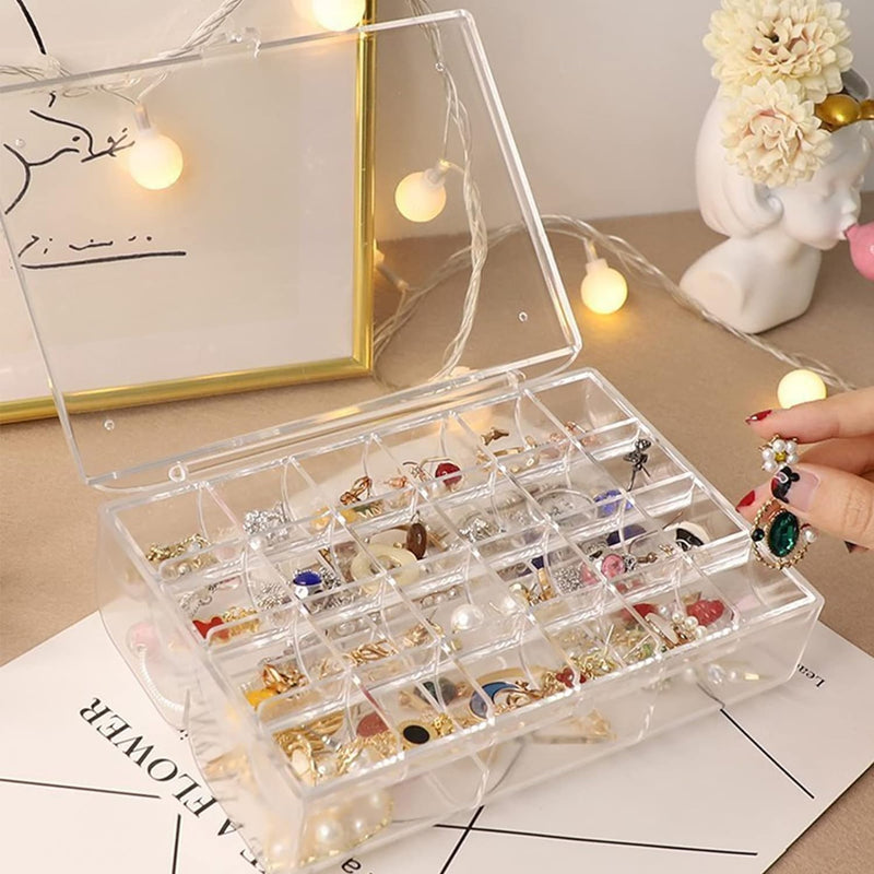 12829 2 Layer Acrylic Jewelry Storage Box Dustproof Earring Box Storage Box Portable Nail Art Storage Case 24-grid Small And 6-grid Big Case Makeup Vanity Box (1 Pc  30 Compartment)