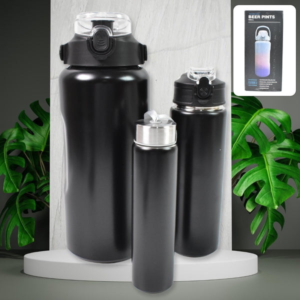 3 In 1 Stainless Steel Insulated Water Bottle Double Wall Vacuum (3 Pcs Set  Different Size)