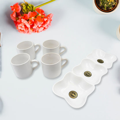 Triple Mazza Ceramic Tea  Cups Set Including 3 Compartment Plastic Serving Platter (4 Pcs Set)