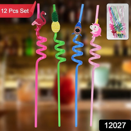 Childrens Plastic Straws Reusable Plastic Straws (12 Pcs Set  Mix Design)