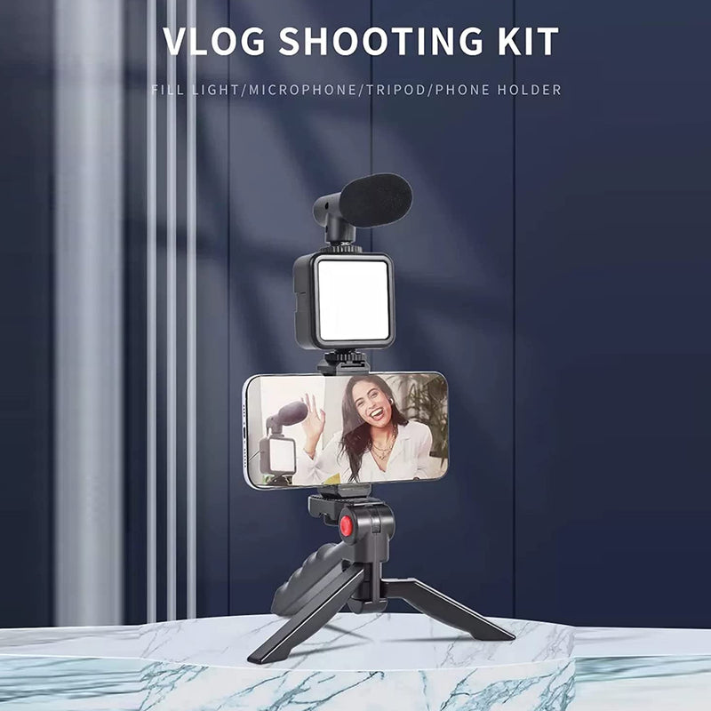 6054 Vlogging Kit For Video Making With Mic Mini Tripod Stand Led Light  Phone Holder Clip For Making Videos