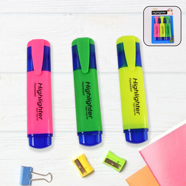 Highlighter Pen Assorted Colours Water Based Broad Tip Writing Marker (3 Pcs Set)