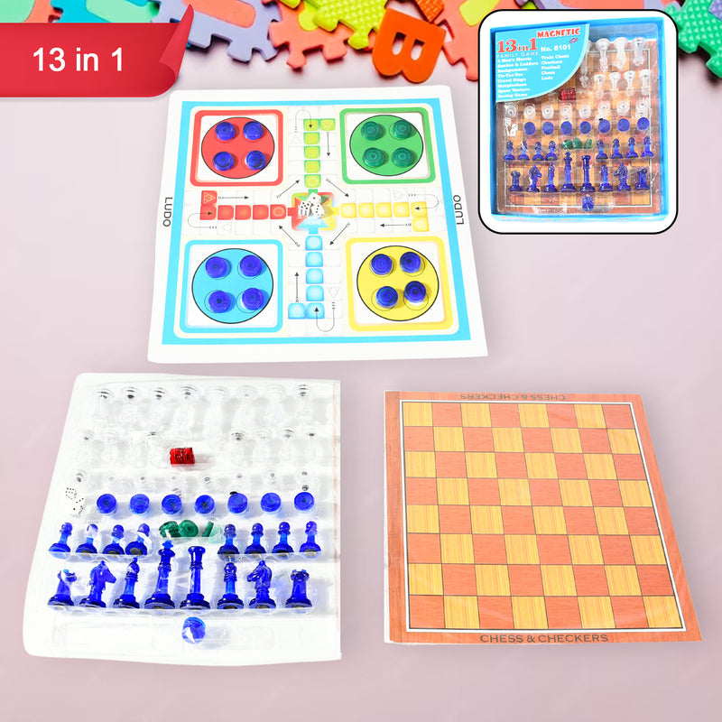 17669 13 In 1 Family Board Game Chess Snakes  Ladders Ludo Tic-tac-toe Checkers Travel Bingo Football Space Venture Steeplechase Set For Kids