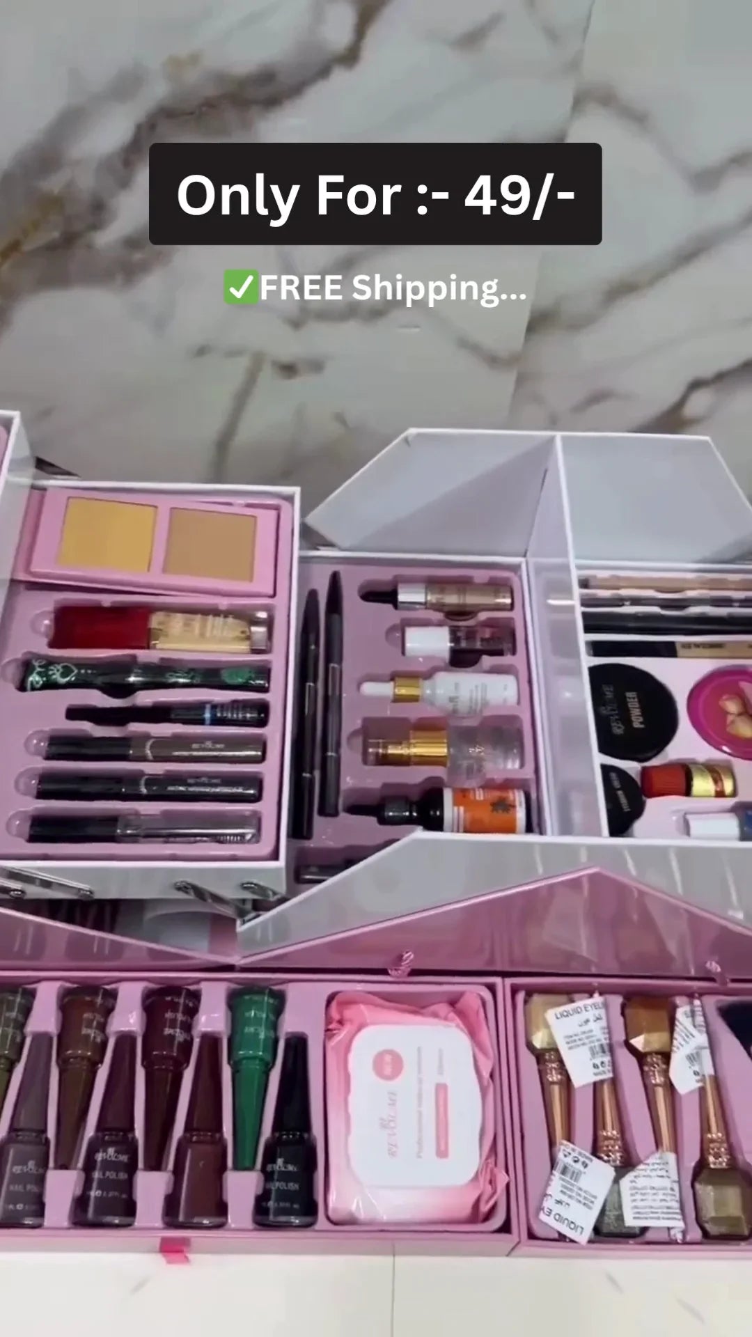 All-in-One Revolme Beauty Box Makeup Kit with Brushes, Nail Polishes, Lipsticks, Foundations, Serums, Eyeliners, and Skincare Essentials – Professional Complete Cosmetic Set for Daily and Party Use