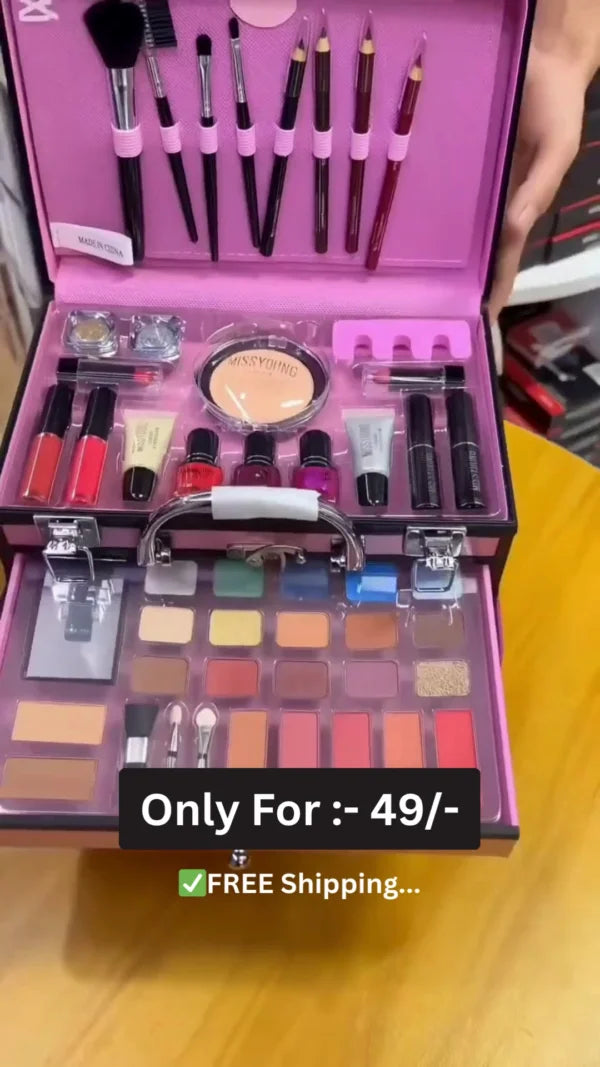 All-in-One Professional Makeup Kit Box with Eyeshadows, Lipsticks, Nail Paints, Brushes, Blushers, Foundation, Kajal, Eyeliners, and Beauty Tools – Complete Cosmetic Set for Women and Girls